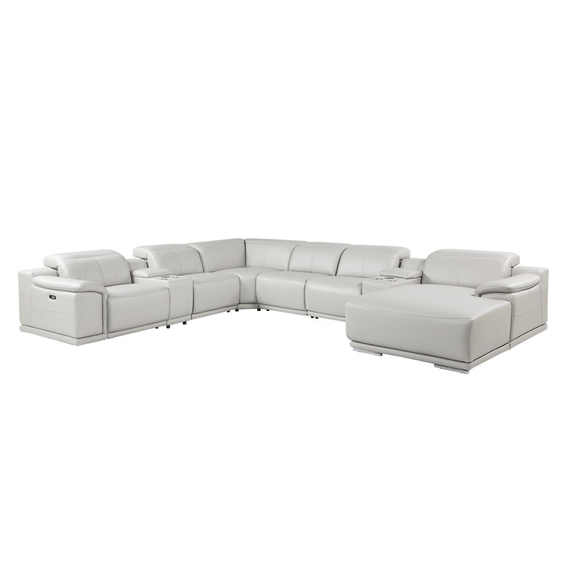 WHITE Right-Facing 8-Piece L-Shaped Sectional In Genuine Leather With 3 Power Recliner & Adjustable Headrests