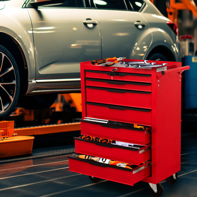 7 Rolling Tool Cabinet With Wheels - Heavy-duty Metal Chest For Work Shop, Garage Red Secure Lockable Box Garage, Warehouse, Shop