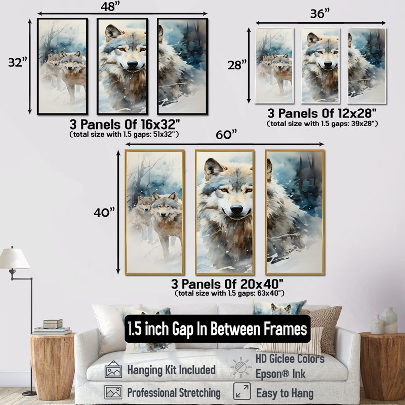 Neige loups en hiver I - loup, art mural, Cadre flottant doré, H 28 po x l 36 po
