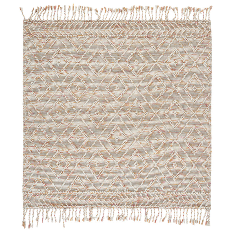 Tapis en laine / coton tissé à la main Stathelle en ivoire / rouge, Carré 6 pi