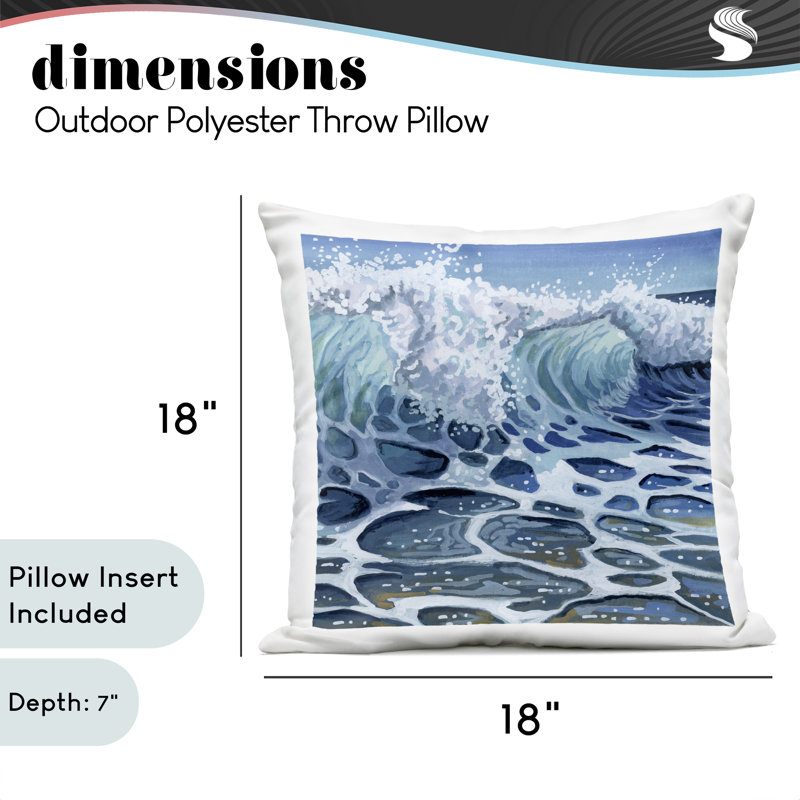 Coussin d'extérieur imprimé «Strong Crashing Waves on Beach» par Kate Jarvik Birch, 18 x 7 x 18, Vagues bleues