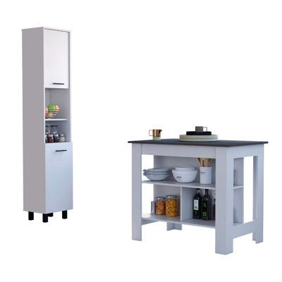 Îlot de cuisine blanc et garde-manger - Organisez votre assortiment 2 Essentials. Avec généreuses tablettes intérieures. Armoire à tablettes ouvertes avec deux armoires