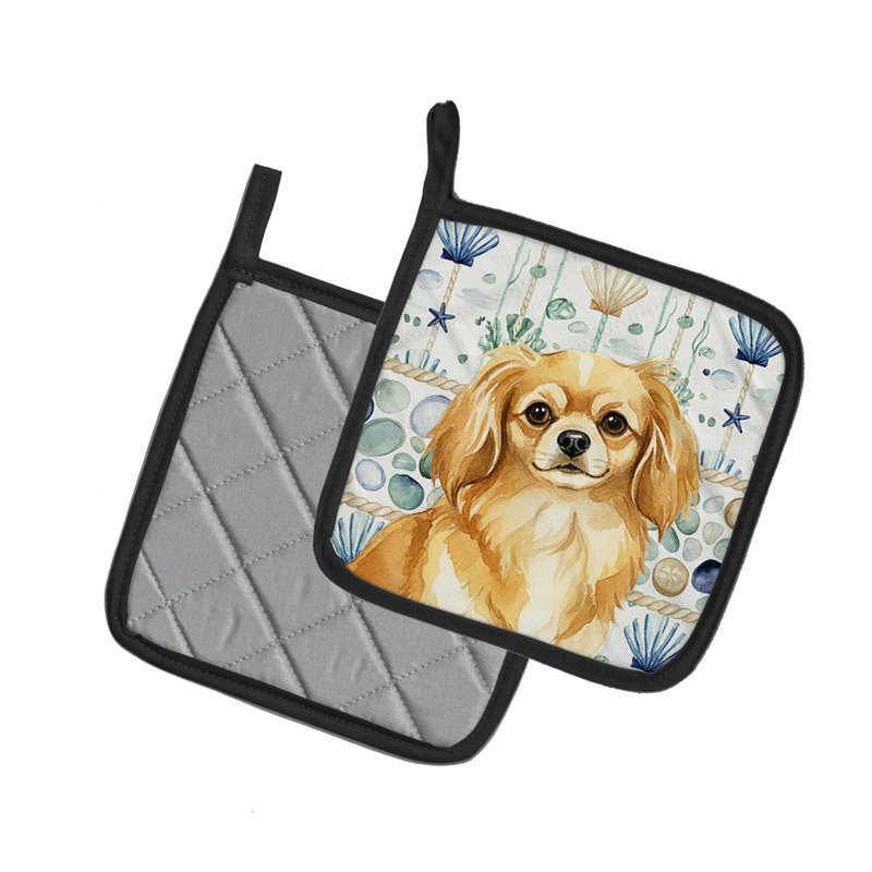 Gold Tibetan Spaniel Coastal Sea Glass Pair of Pot Holders