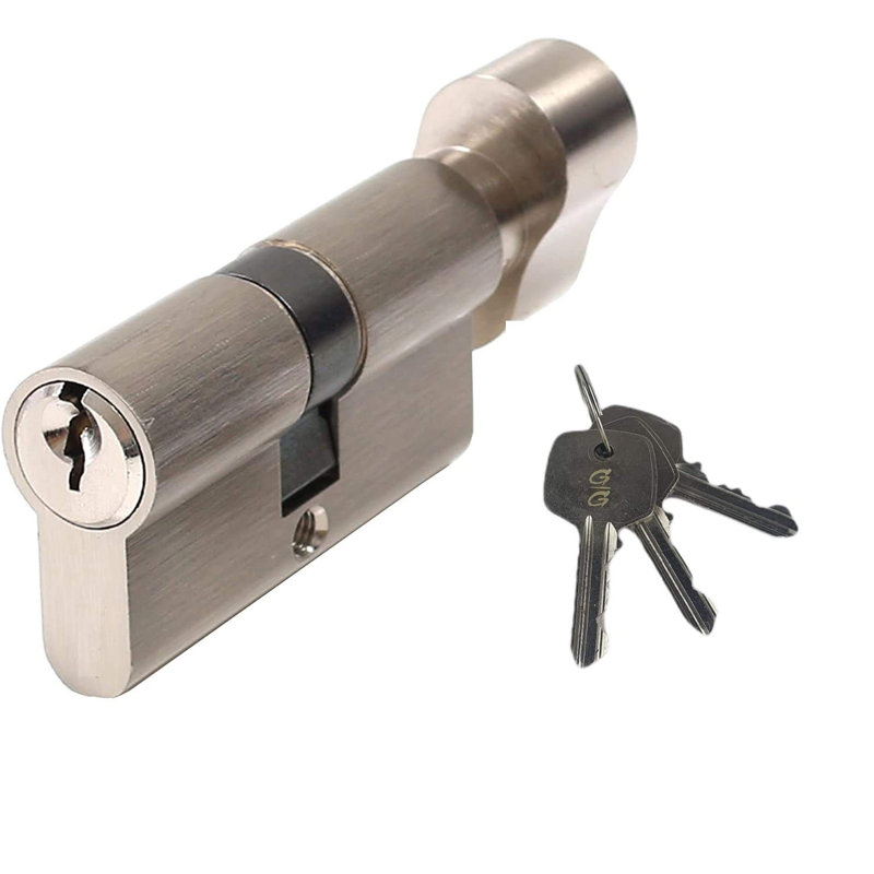  Thumb Turn Euro Cylinder Lock in Satin Nickel Finish, Euro Door Barrel Lock with 3 Keys - 35T/35, 70 mm