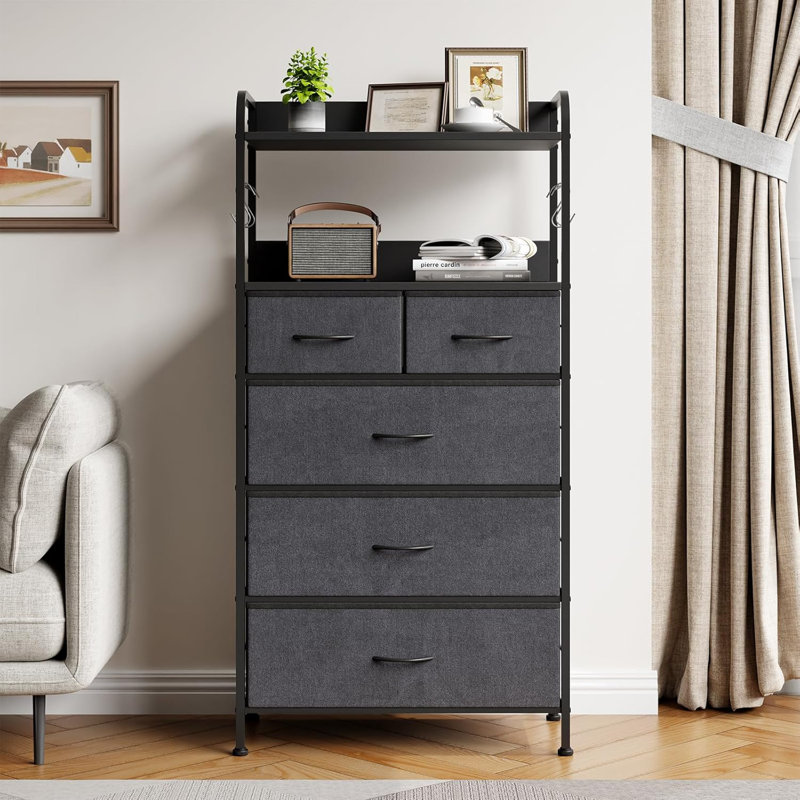 Slim Tall Dresser with Metal Frame, Wood Top, Open Shelf & Hooks Chest Organizer