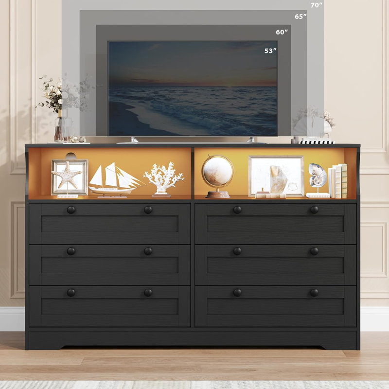 Modern 6-Drawer Dresser with LED Lights and Built-in Power Outlet, 55" Wide Wooden Storage Chest for Bedroom or TV Stand
