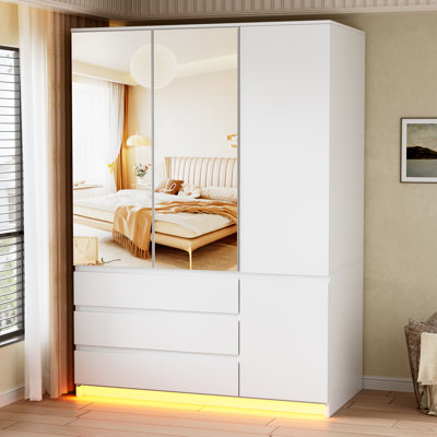 Armoire à 3 portes avec lumières DEL et 2 miroirs, armoire de 73 po de hauteur avec 3 tiroirs, 3 tringles et tablettes pour la chambre à coucher, garde-robe en bois, blanc