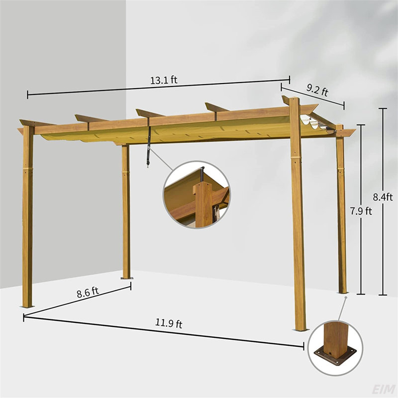 9'×13' Outdoor Retractable Pergola with Weather-Resistant Sun Shade Canopy for BBQ, Party, Wedding, Patio, Garden, Aluminum Pergola Gazebo(Canopy)Wood-looking frame/Dark Gray frame
