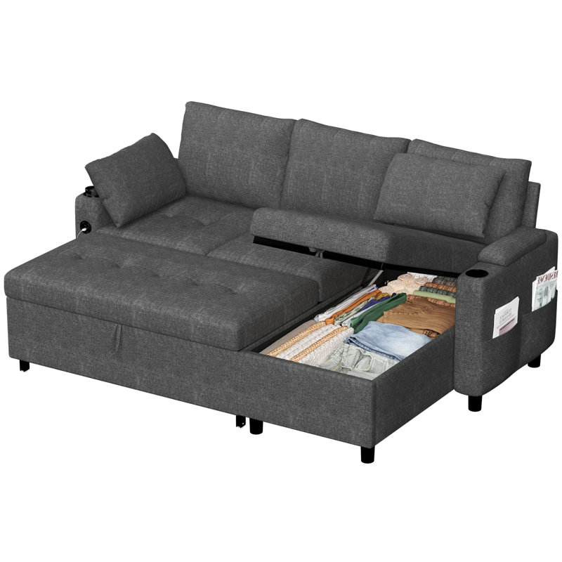 3 Seater Linen Sofa Bed, Dark Gray