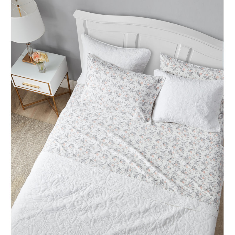 Rosalie Gray Floral Cotton Flannel Full Sheet Set
