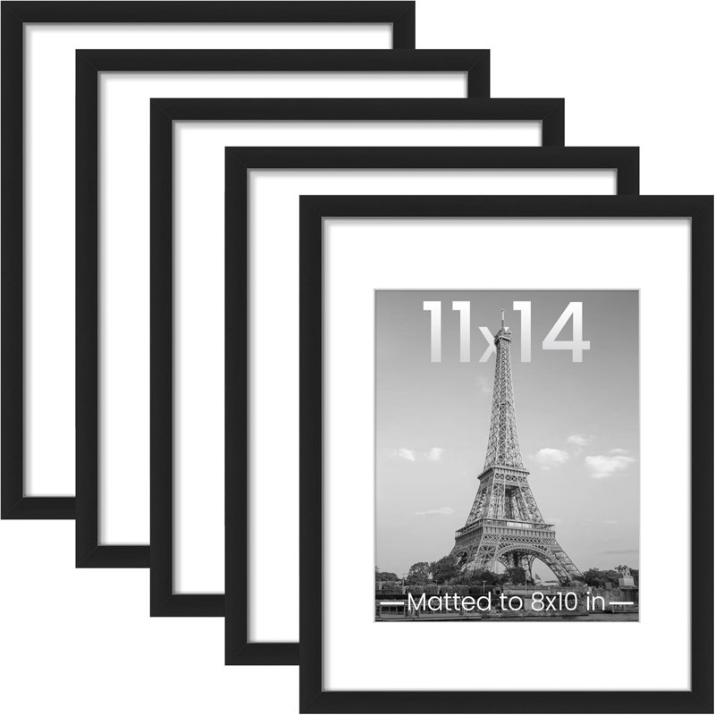 11X14 Picture Frame Set Of 5, Display Pictures 8X10 With Mat Or 11X14 Without Mat, Wall Gallery Photo Frames, Black