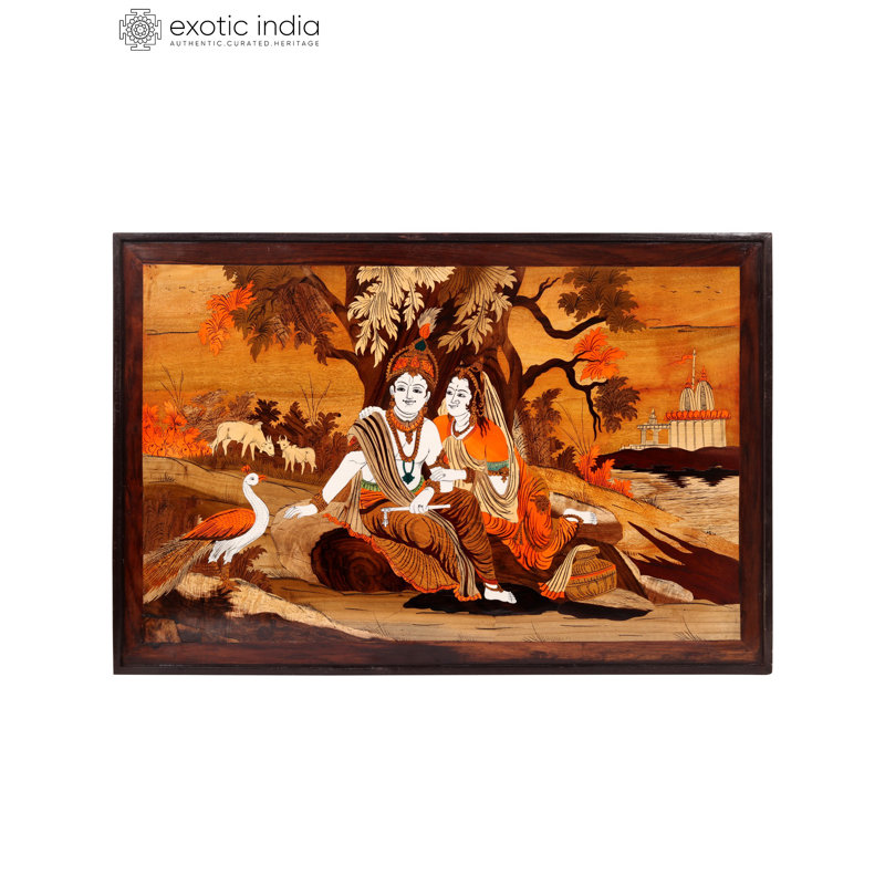 30" Radha Krishna by the River Mysore Wood Inlay Wall Panel - Handcrafted Hindu God Wall Art for Spiritual Home Decor