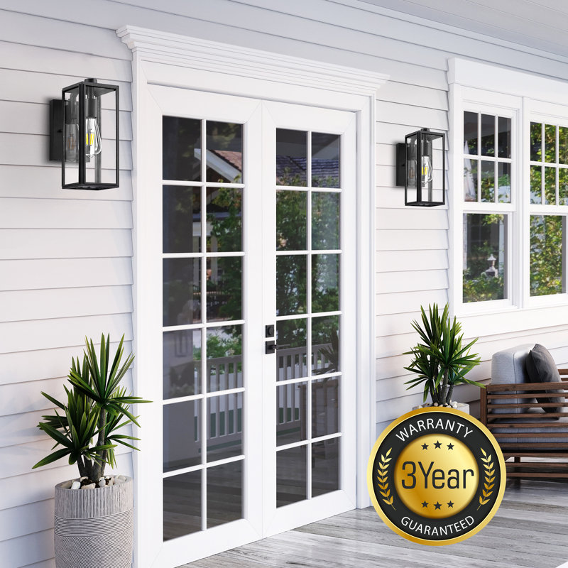 Dusk to Dawn Black Outdoor Wall Lanterns with Tempered Glass Shade for Garage, 1