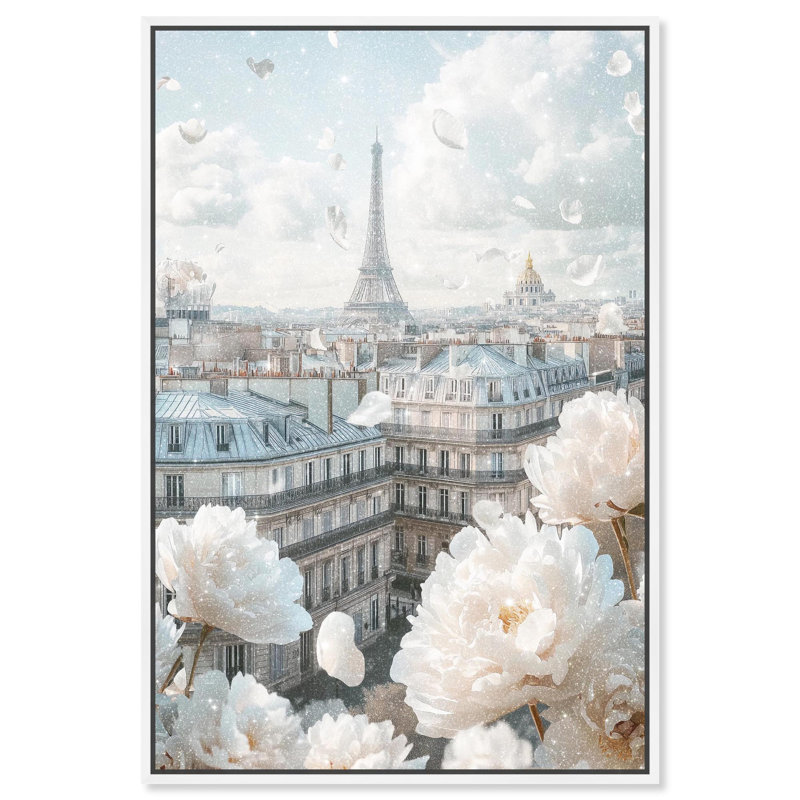 Décoration murale pivoines sur toile Glam , H 25 po x l 17 po, Cadre flottant, Blanc