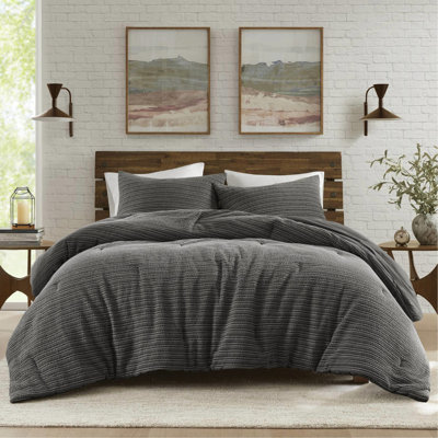 3 pièces d'édredon très grand / très grand, lavé à la gaufre, gris anthracite, texture spéciale, tissage, confortable 100% coton, finition prélavée, chaleur uniforme, touche rétro sophistiquée,