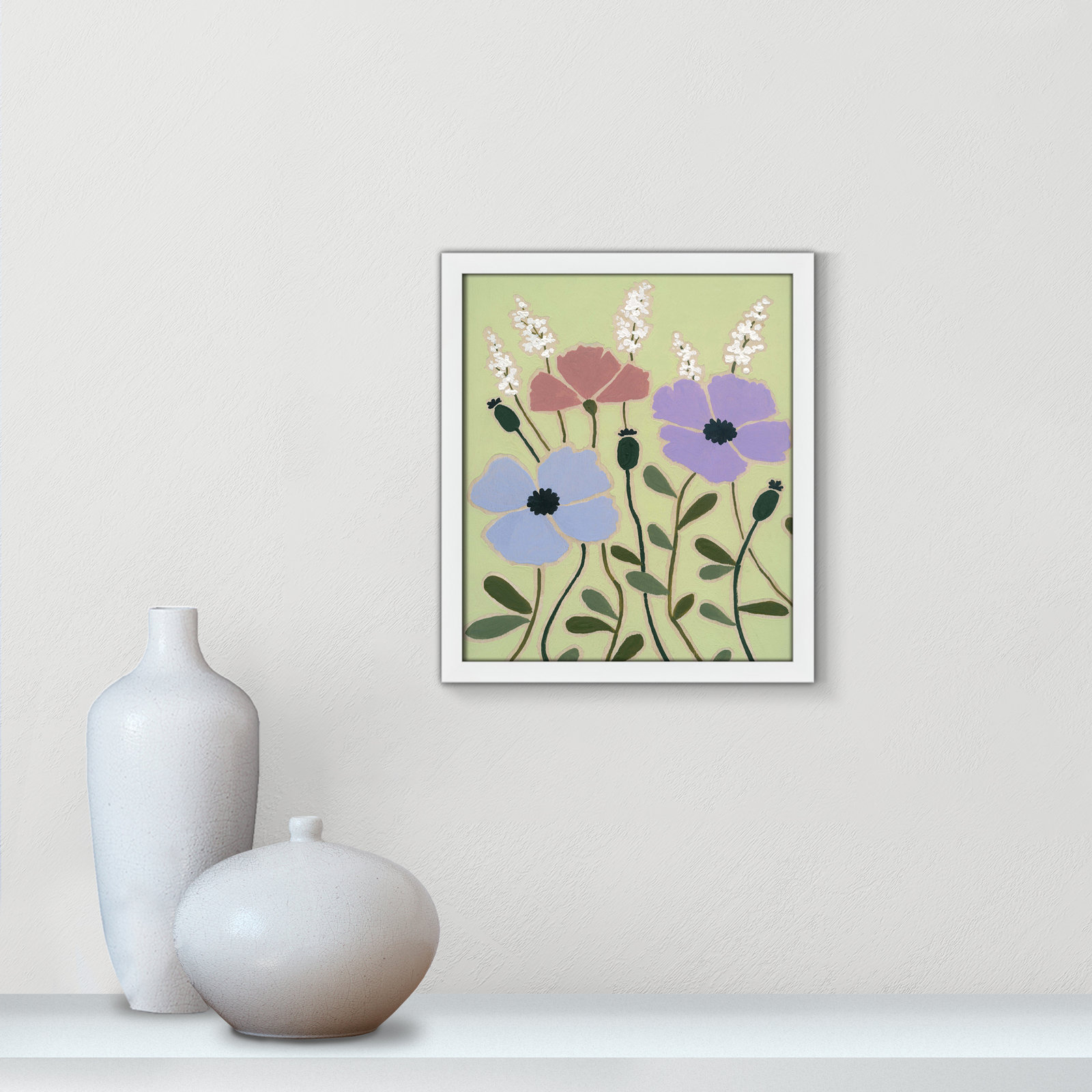 Maura "Woodblock Floral III" Print, 15" H x 13" W x 1.25" D, Satin White Framed