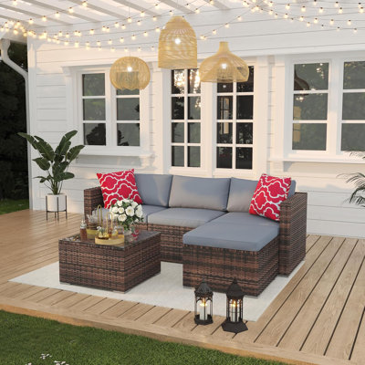 5-Piece Wicker Patio Conversation Set, Modular All-Weather Sofa, Brown/Light Grey