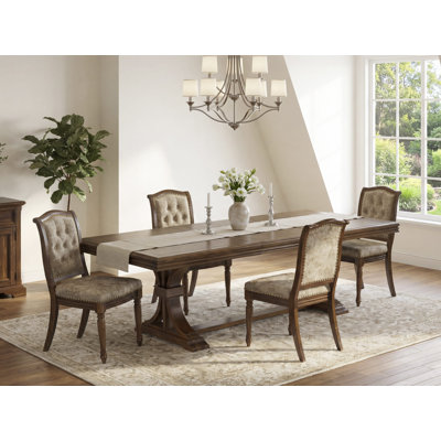 5 Pieces Kitchen table set includes a Rectangular Dining Table and 4 Light Beige PU Leather Dining Room Chairs, Antique Walnut finish