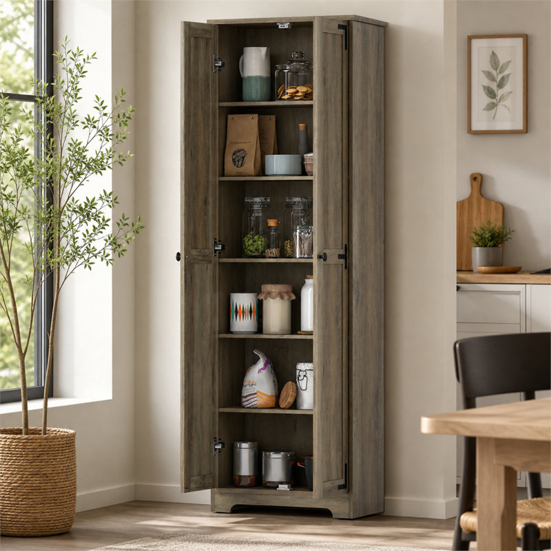 Grand garde-manger autoportant de 170 pouces de style campagnard gris vieilli avec tablettes intérieures réglables