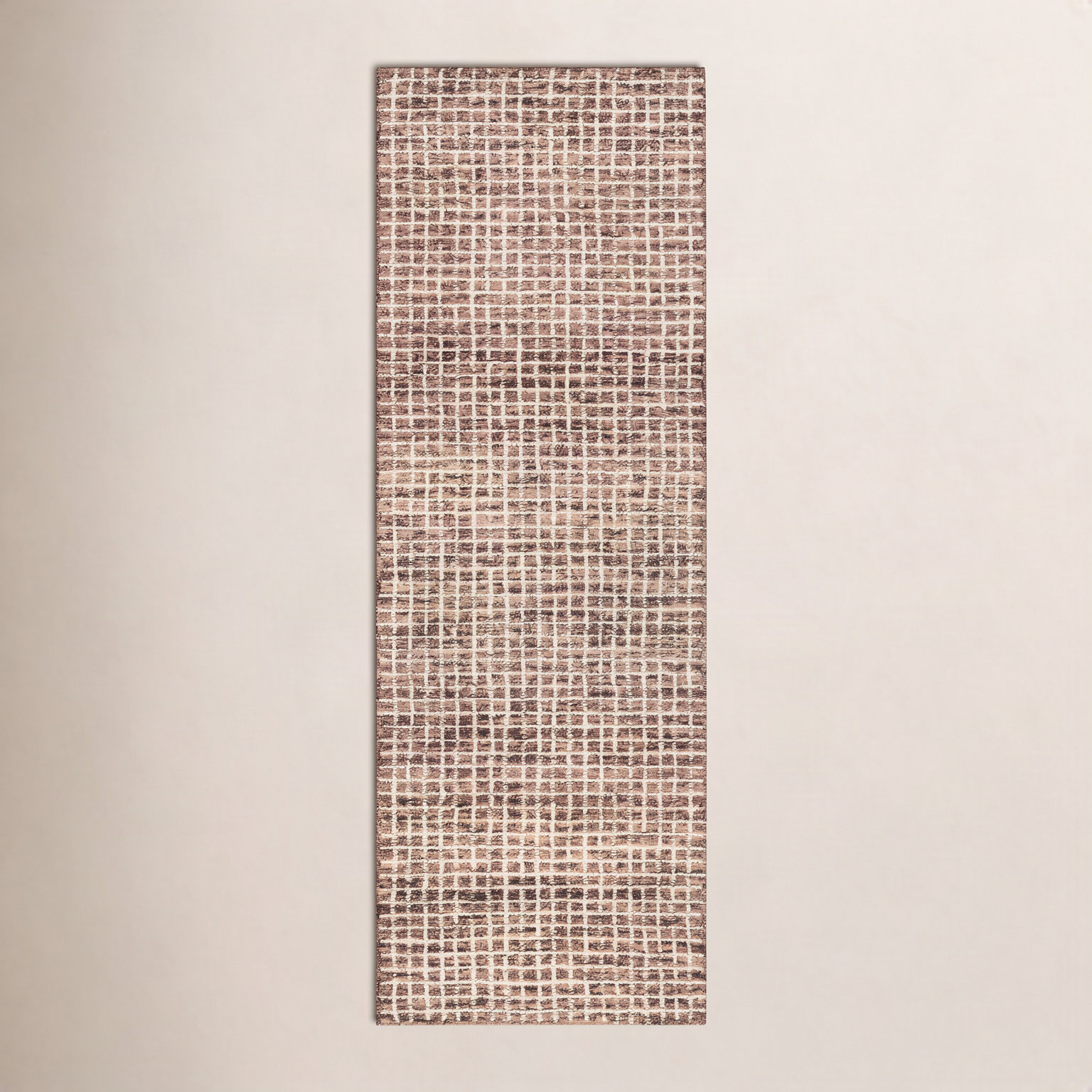 Brown Hand-Tufted Checkered Wool Rug, Runner 2'6" x 14'