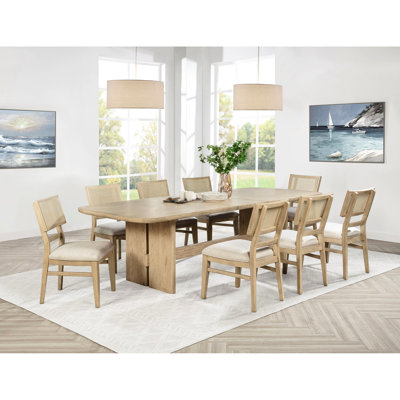 Table de salle à manger rectangulaire neuf pièces, ton de chêne beige, table fixe, chaises à dossier en canne rembourrées, rallonge de 18 pouces, finition, dans la zone