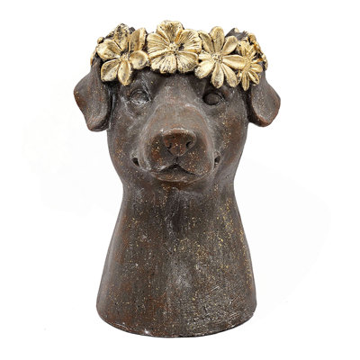 Pot à fleurs 9,3 x 9,3 x 13 po en magnésium avec fini brun texturé et couronne feuille d'or