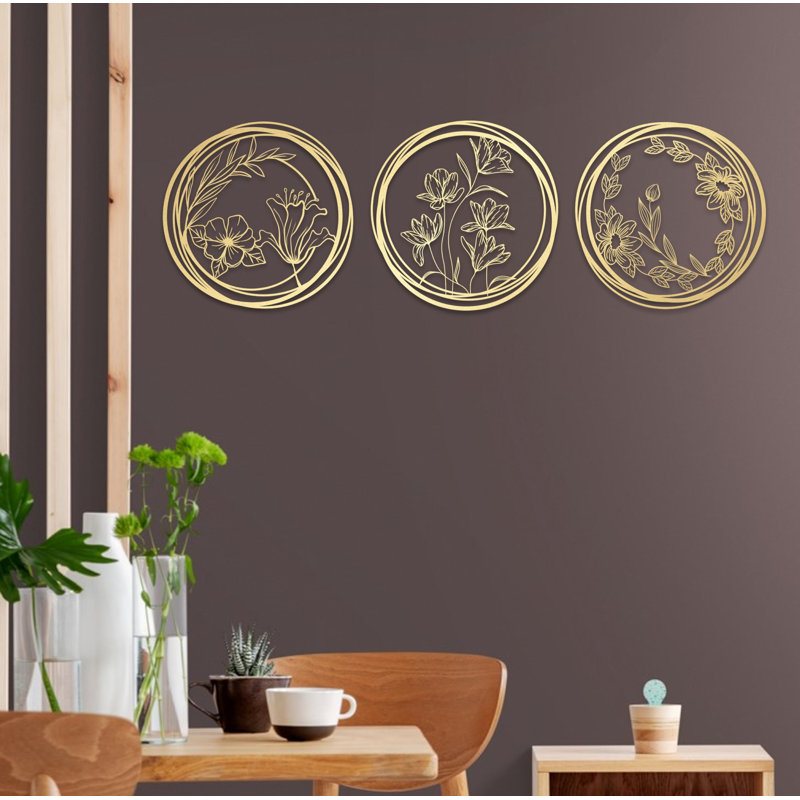 Flowers Metal Wall Art Décor, Floral Wall Set for Housewarming Gift, New Home & Office Decoration, Matte Black