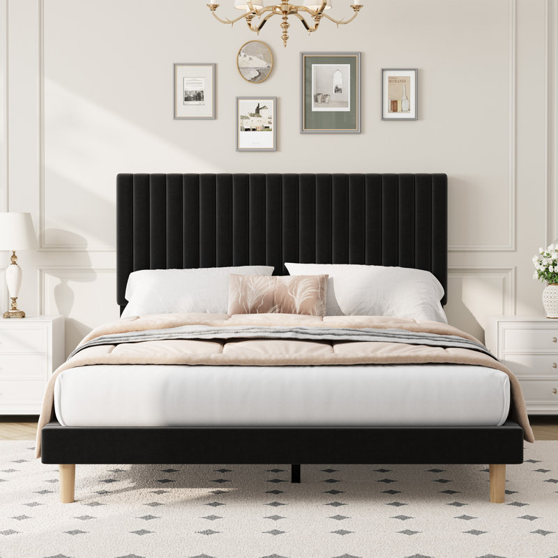 Full Bed Frame with Adjustable Headboard, Velvet Upholstered Platform Full Size Bed Frame, Vertical Channel Tufted, Strong Wooden Slats, No Box Spring Needed, Easy Assembly, Black
