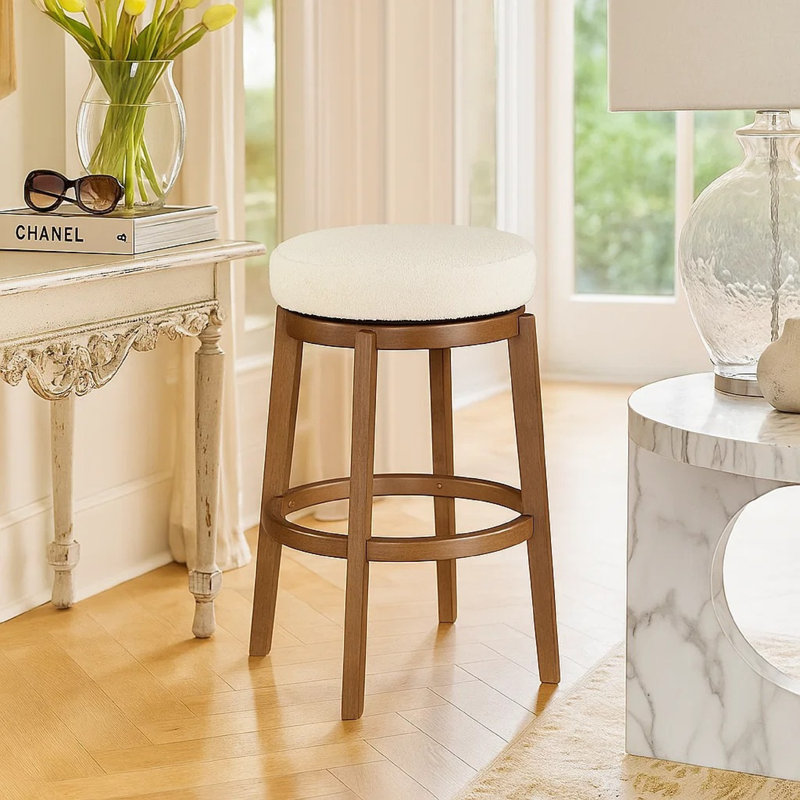 Lex Swivel Counter Stool, 27 Inch Backless, White Boucle, Brown Legs, Counter Stool (26.5" Seat Height)