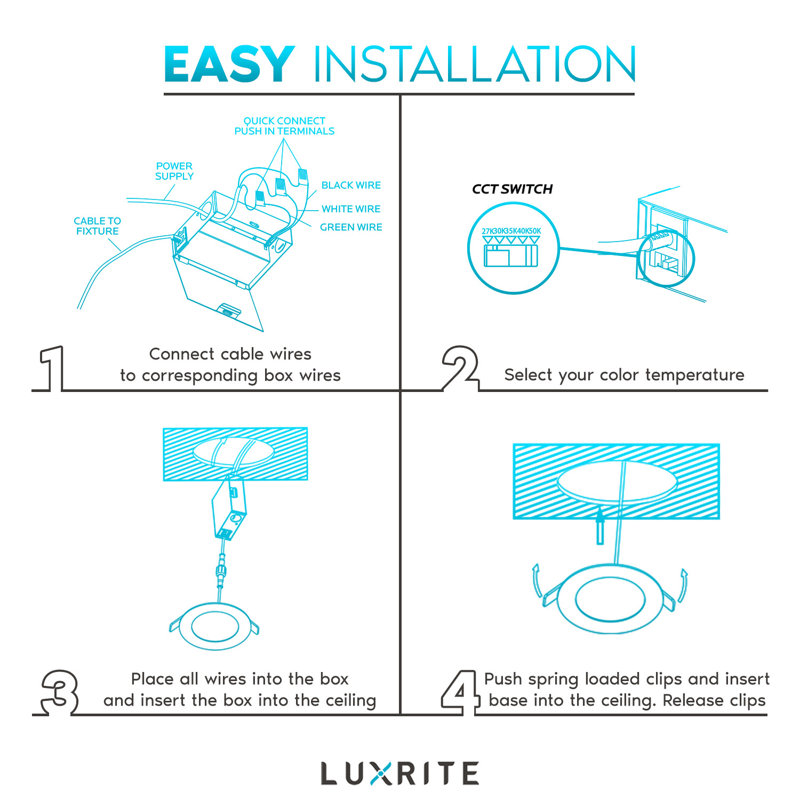 Luminaire encastré ultra-mince à DEL de 6 po avec boîte en J de Luxrite, 15 W, 5 couleurs sélectionnables de 2700 K à 5000 K, 1400 lumens, intensité variable, emballage humide, lot de 6