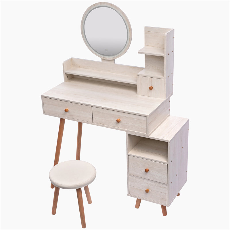 Meuble-lavabo de chambre à coucher, coiffeuse avec tabouret rembourré et miroir DEL, Chêne blanc américan