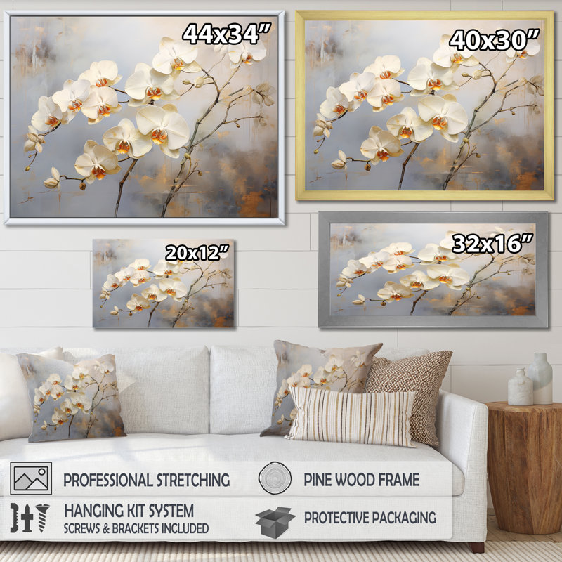 Minimalisme beige et orchidées dorées III sur toile, H 30 po x l 40 po x P 1,5 po, Cadre naturel flottant