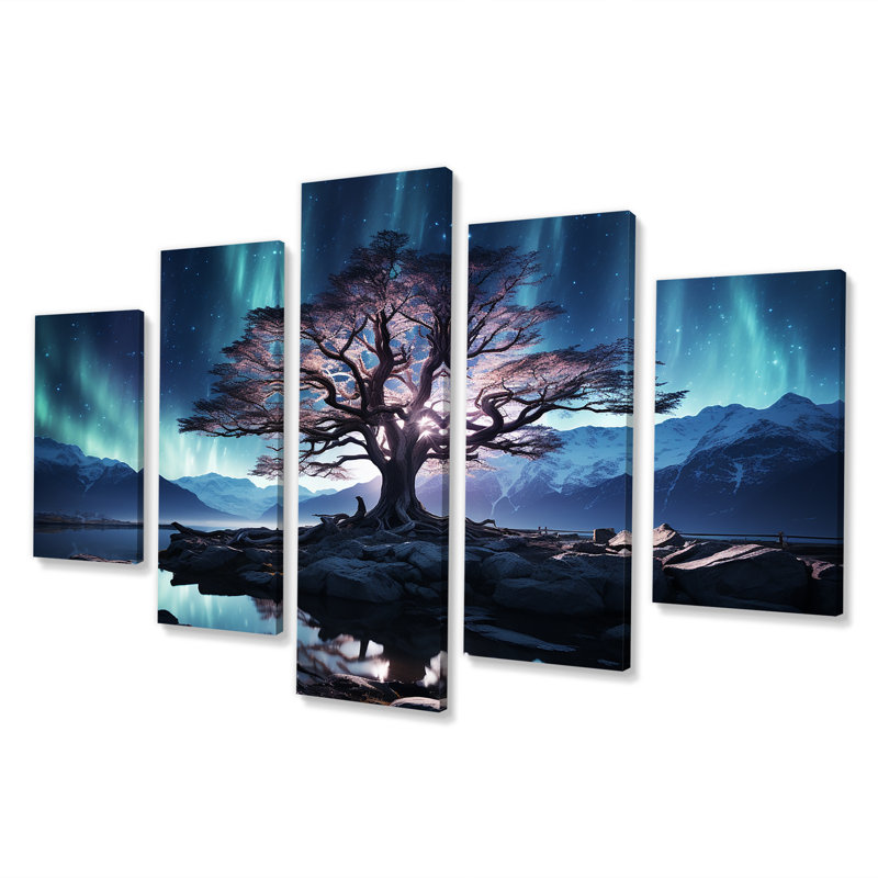  «Blue and Pink Tree In Northern Lights II - Tree Multipanel Wall Art Set
