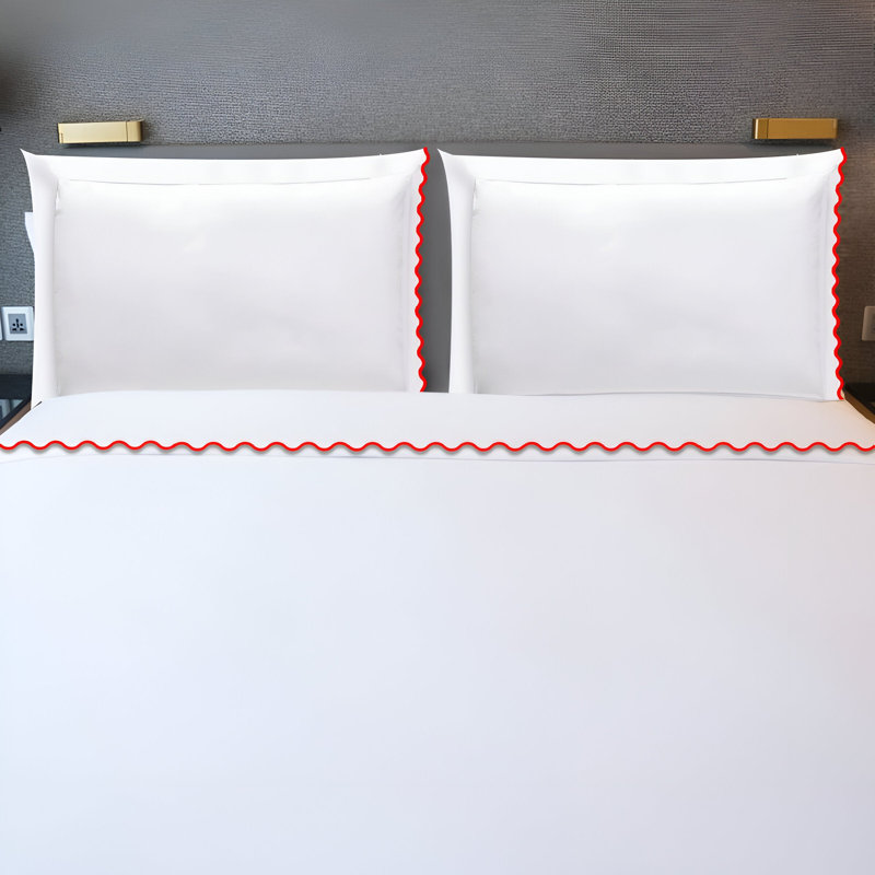 400TC Cotton Small Scallop Embroidery Cotton 4 Piece Sheet Set Fitted Sheet Fits Upto 16" Deep Pocket, Red