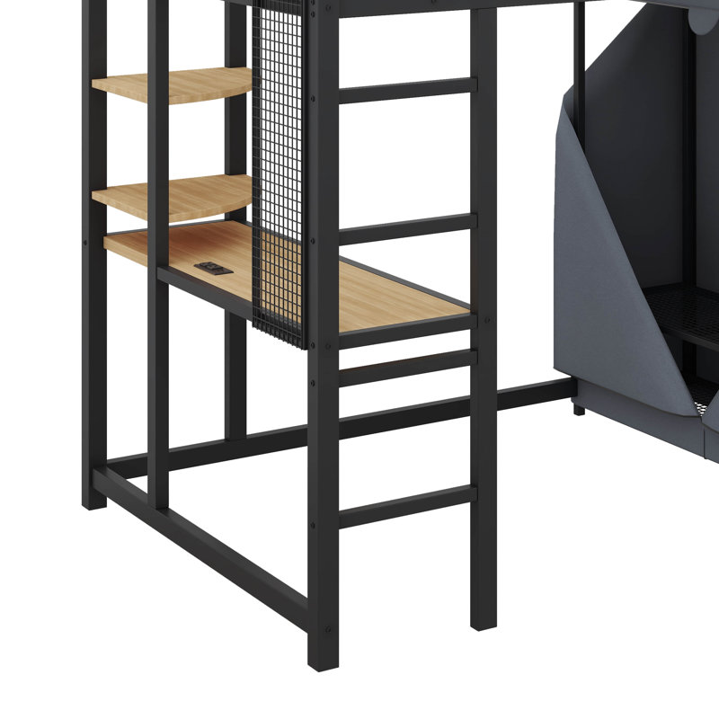 Lit mezzanine élégant en métal avec tablettes de bureau intégrées et prise de courant, Simple, Noir