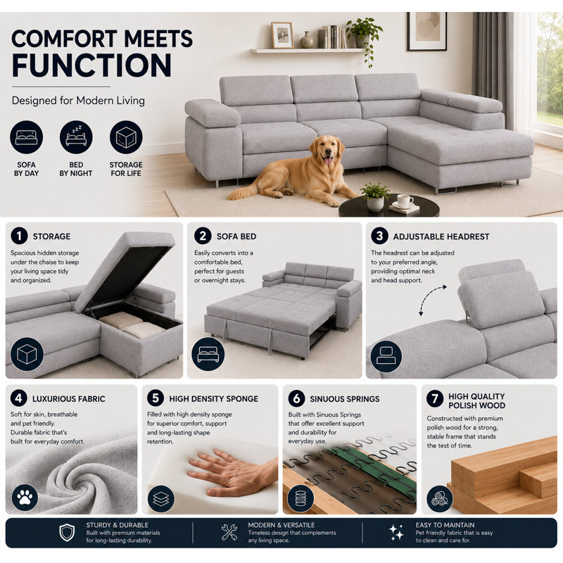Flavius Corner Sofa Bed, Left Hand Facing, Silver