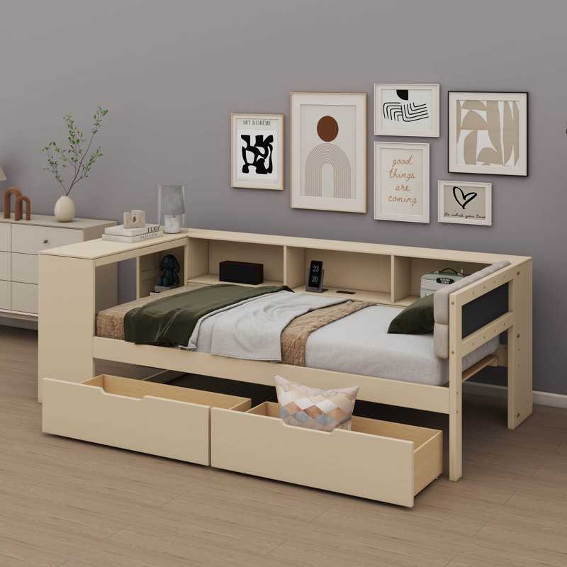 Lit plateforme luxueux avec tablettes de rangement, tiroirs et station de charge intégrée, Lit simple, Crème, crème