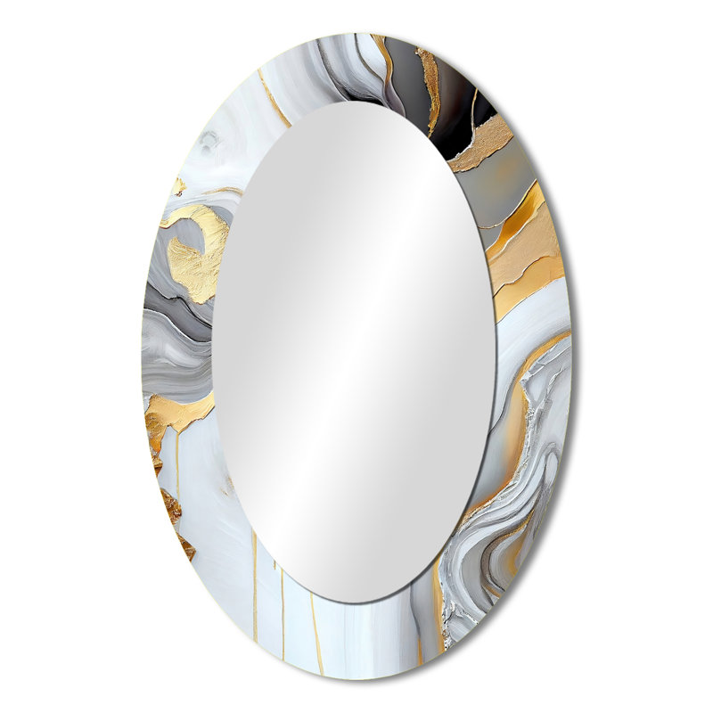 White And Gold Marble Abstract II - Large Oval Wall Mirror On Metal, 36" x 24"