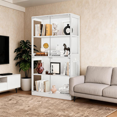 Vitrine à 4 niveaux, vitrines avec portes vitrées, 3 lumières colorées, capteur de corps humain et ports de charge, pour le salon, la chambre à coucher, le bureau personnel