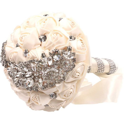 Wedding & Quinceanera Bouquet Satin Rose Flower with Sparkle Rhinestone Crystal 