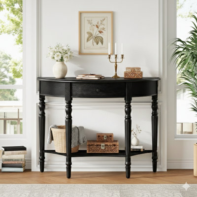 Rustic Farmhouse-Style Half-Moon Console Table Featuring A Drawer And A Shelf. An Accent And Sofa Table Perfect For Entryways, Living Rooms, Hallways, And Foyers. Color: Black.