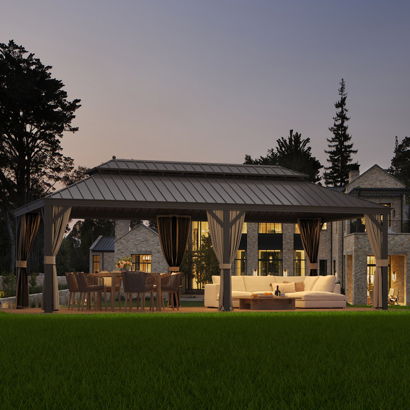  Pavillon de jardin en aluminium 12 po x 24 pi avec toit en acier galvanisé à double aération - comprend moustiquaire et rideaux d'intimité - pour la cour, le jardin, la terrasse et la piscine
