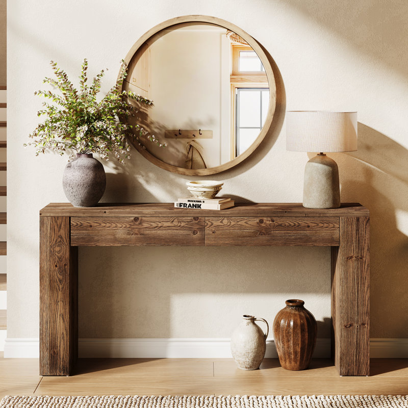 Table console en bois massif avec 2 tiroirs, table de vestibule de 63 pouces pour l'entrée