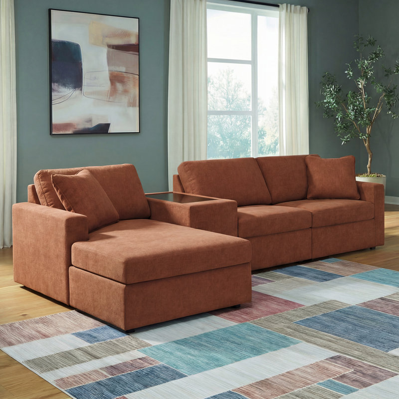 Canapé modulaire 4 pièces avec méridienne et console de rangement Chobanyan, Polyester brun, Face à la gauche