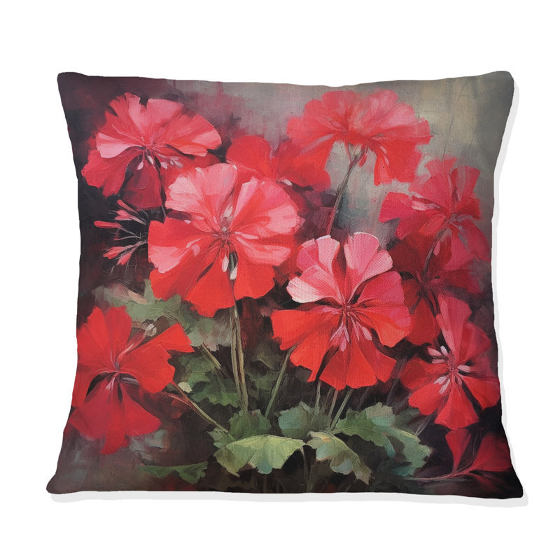Coussin décoratif imprimé floral rouge vert et géraniums II