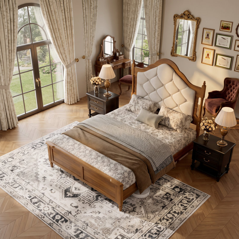 Cadre de lit plateforme VARELON avec tête de lit rembourrée, style ferme vintage du milieu du siècle, sans sommier, structure en bois