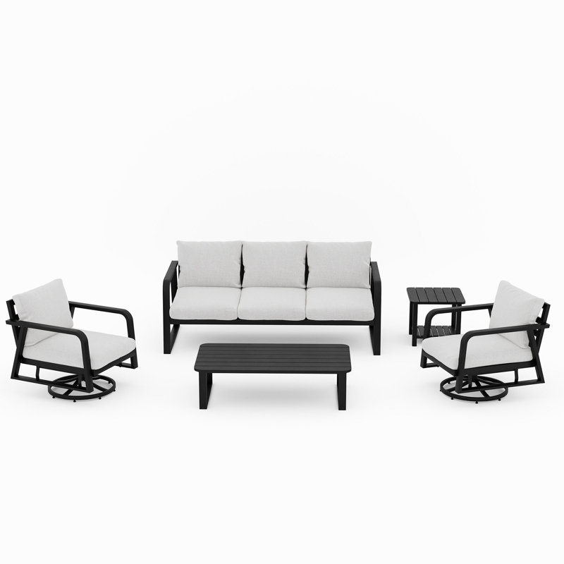 FR Un canapé trois places + deux chaises berçantes pivotantes + une grande table basse + une petite table basse