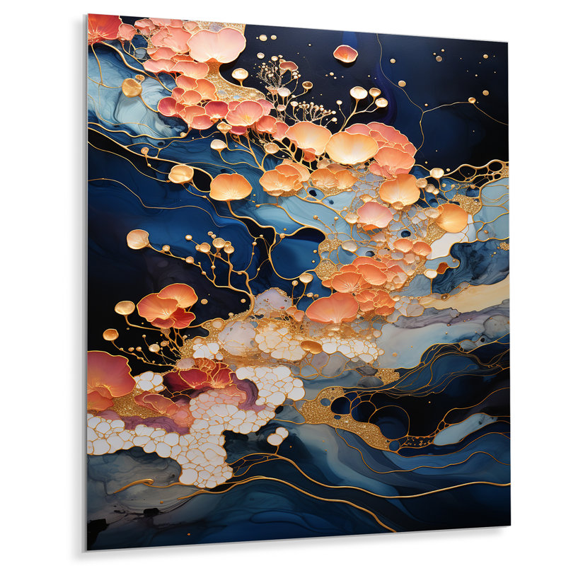 Rose et bleu tourbillonnant, peinture fluide I - art mural abstrait en métal, H 40 po x l 30 po x P 1,5 po
