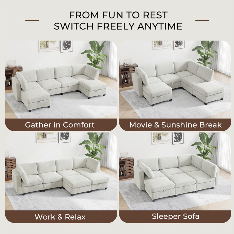 128" Oversized Modular Sectional Sofa with Storage & Removable Covers, Convertible U-Shape, L-Shape & Sleeper Configuration, Modern 6-Seater Couch with Movable Ottoman