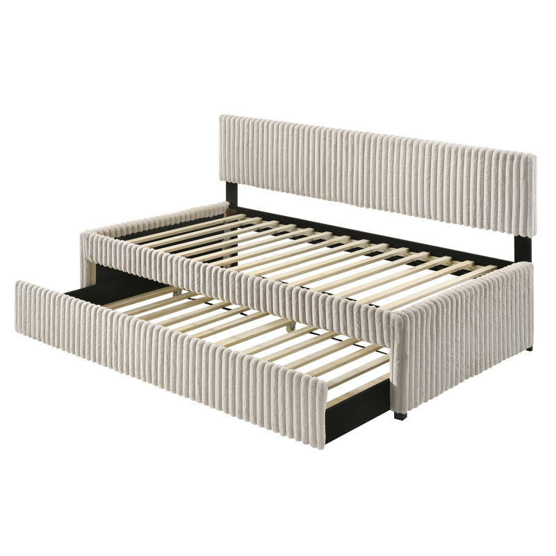 Twin Day Bed With Trundle In Corduroy Velvet, Cream